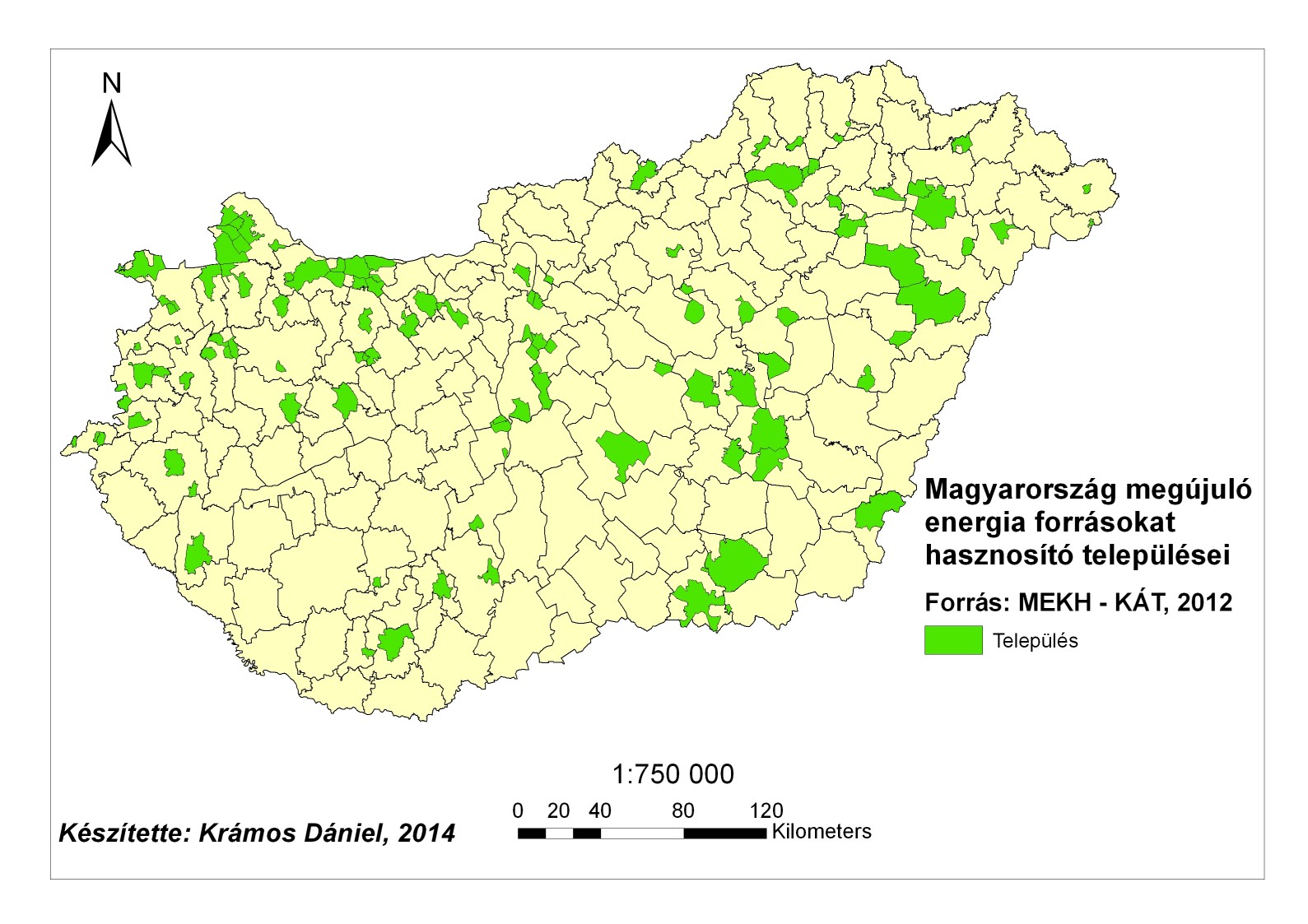 Magyarország megújuló energiaforrásokat hasznosító települései és fővárosi kerületei 2012-ben - térkép